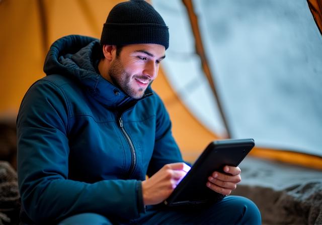 Un consulente di viaggio che controlla un tablet satellitare in un campo base