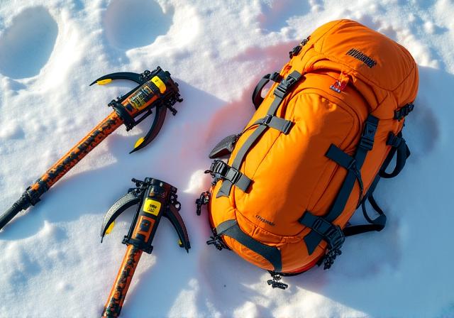 Zaino da spedizione e ramponi sulla neve