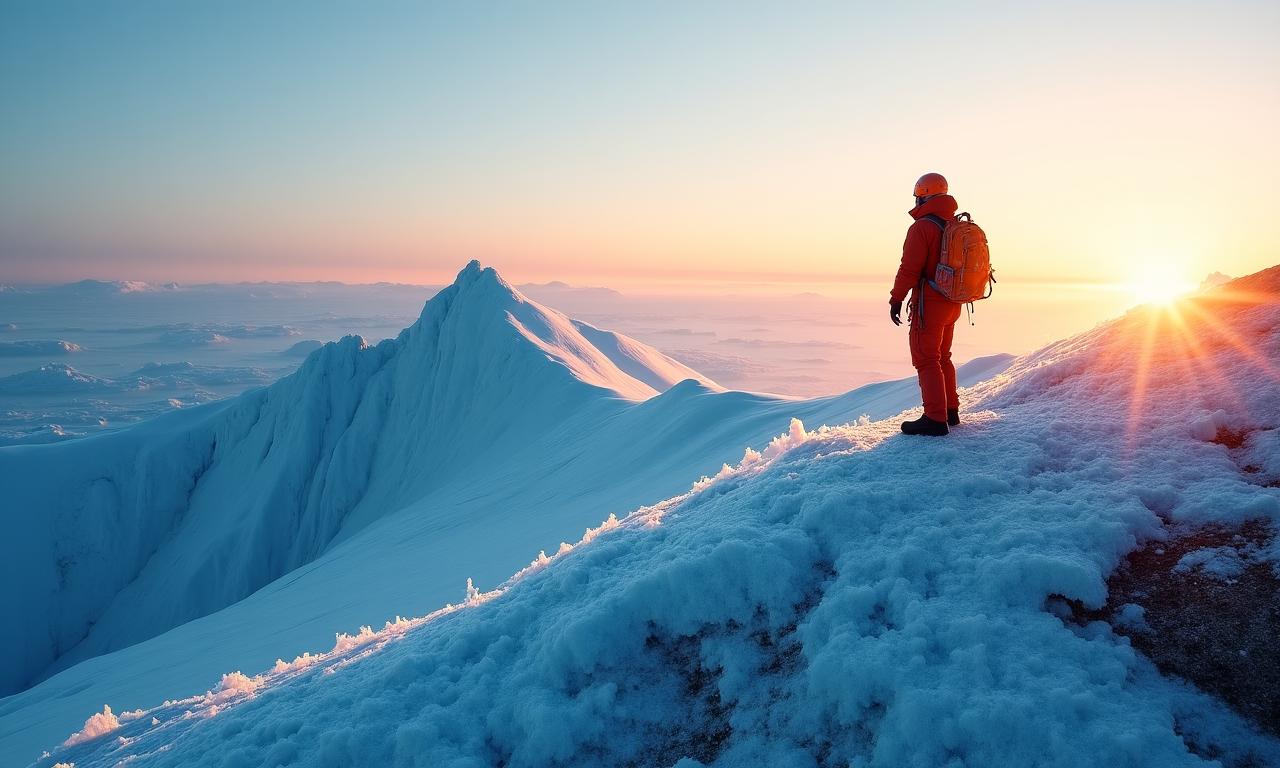 Un alpinista che osserva un ghiacciaio al tramonto in un paesaggio artico