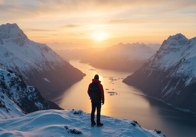 Viaggiatore solitario che osserva un orizzonte artico