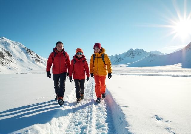 Famiglia che cammina su un sentiero glaciale sicuro nelle Alpi